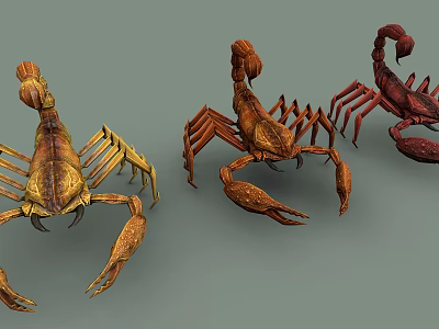 Three Different Colored Reptile Scorpions with Curved Tails and Claws 3d model