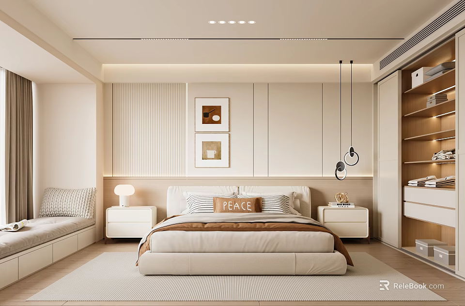 Modern Bedroom Interior Design With Upholstered Bed Nightstands Framed Art And Recessed Lighting 3d model 