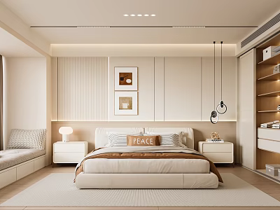 Modern Bedroom Interior Design With Upholstered Bed Nightstands Framed Art And Recessed Lighting 3d model