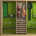 Golf Course Equipment Storage Organizer With Clubs Bags Balls And Green Turf