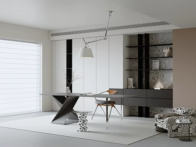 Modern Study Room Interior With White Bookshelves Desk Chair And Pendant Light 3d model