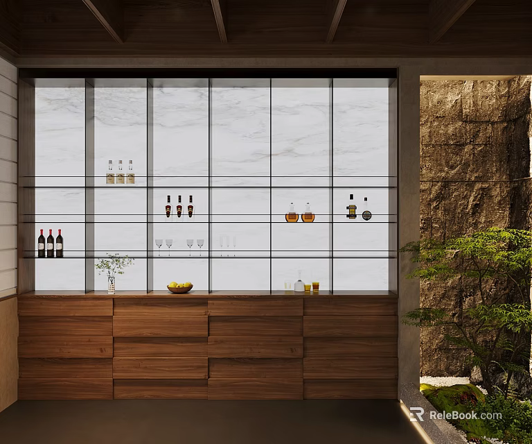 Modern Wine Cabinet With Glass Partitions Wooden Base Bottles Rock Wall And Green Plants 3d model 