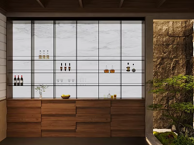 Modern Wine Cabinet With Glass Partitions Wooden Base Bottles Rock Wall And Green Plants 3d model