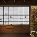 Modern Wine Cabinet With Glass Partitions Wooden Base Bottles Rock Wall And Green Plants