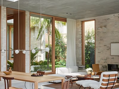 Modern Living Room Interior With Large Windows Palm Trees White Sofa And Pendant Lights 3d model