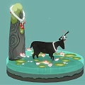 Black Deer With Antlers Wearing White Collar Standing On Water With Lotus Flowers