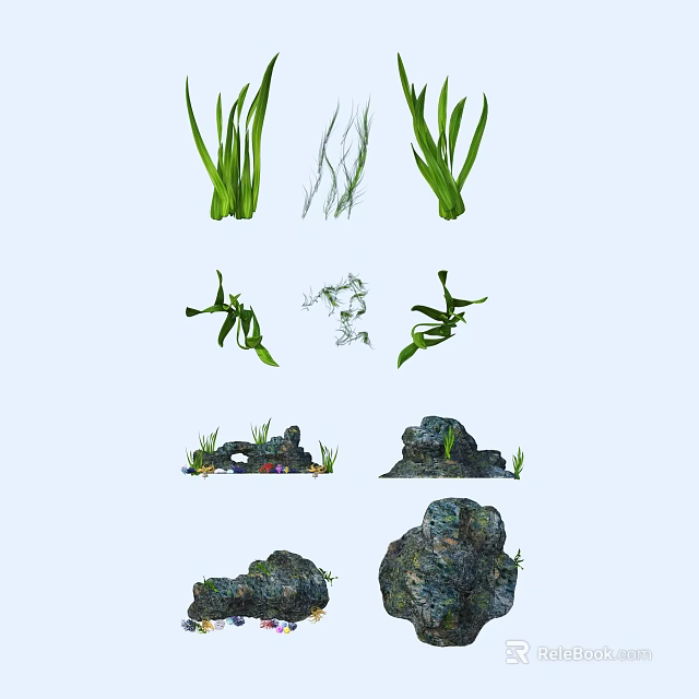Natural Aquarium Decorative Elements With Green Water Plants And Stones 3d model 