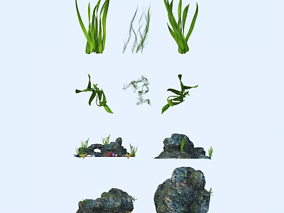 Natural Aquarium Decorative Elements With Green Water Plants And Stones 3d model