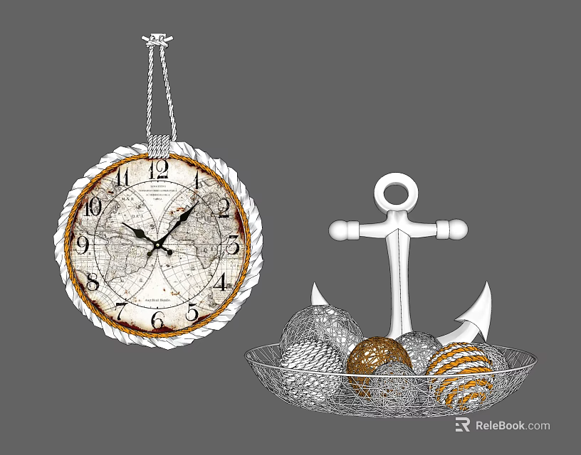 Vintage Nautical Decorative Ornament Set With Wall Clock Anchor And Metal Basket Balls 3d model 