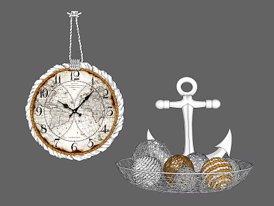 Vintage Nautical Decorative Ornament Set With Wall Clock Anchor And Metal Basket Balls 3d model