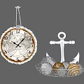 Vintage Nautical Decorative Ornament Set With Wall Clock Anchor And Metal Basket Balls