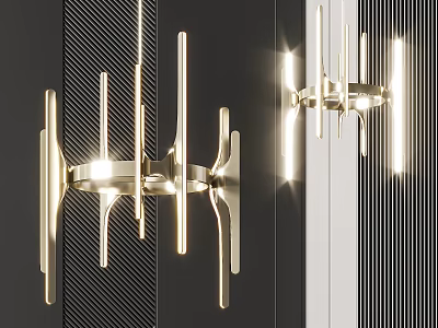 Modern Linear Metal Chandelier With Sleek Geometric Lines And Bright Glowing Light On Dark Textured Wall 3d model