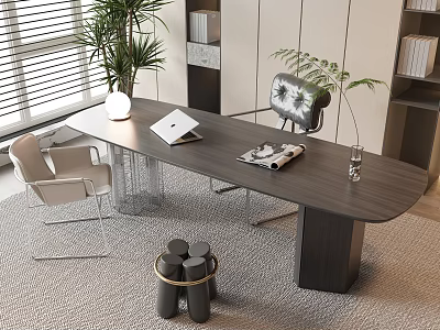 Modern Office Desk And Chair Set With Plant Bookshelf Lamp Laptop And Magazine On Rug 3d model