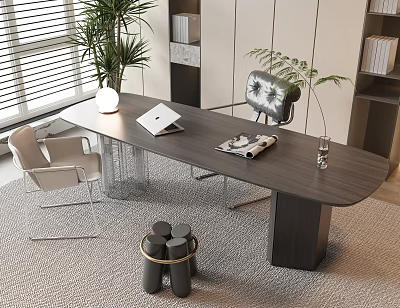 Modern Office Desk And Chair Set With Plant Bookshelf Lamp Laptop And Magazine On Rug 3d model