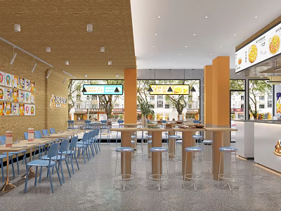 Modern Restaurant Interior With Blue Chairs Bar Stools And Large Windows 3d model