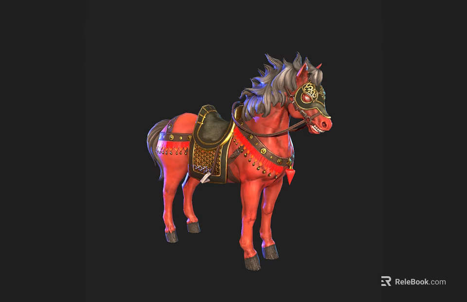 Red Horse With Decorative Saddle Gray Mane And Ornate Headgear 3d model 