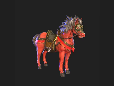 Red Horse With Decorative Saddle Gray Mane And Ornate Headgear 3d model
