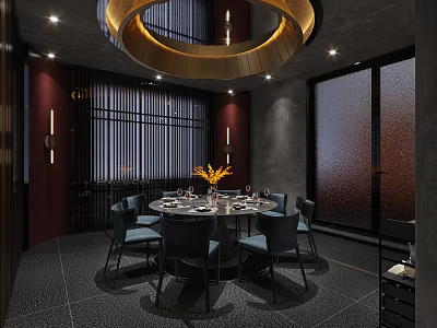 Modern Private Dining Room With Round Table Black Chairs Golden Pendant Light And Decorative Flowers 3d model