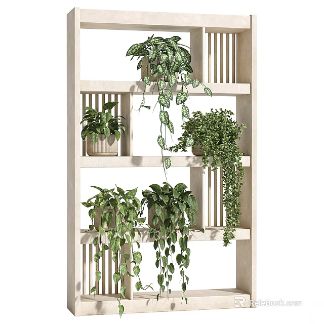 Indoor Garden Decor With Wooden Shelf And Multiple Hanging Green Potted Plants 3d model 