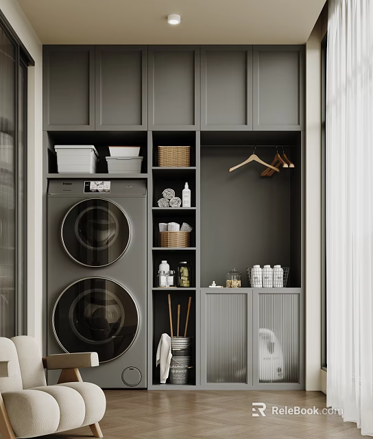 Home Balcony Storage Design With Grey Cabinets Stacked Washing Machine Dryer Clothes Hangers Storage Baskets 3d model 