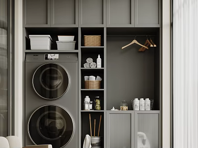 Home Balcony Storage Design With Grey Cabinets Stacked Washing Machine Dryer Clothes Hangers Storage Baskets 3d model