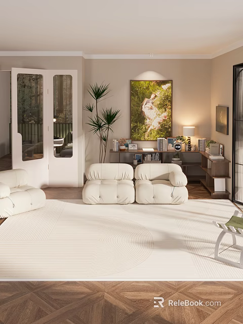 Modern Living Room Interior With White Sofas Rug Potted Plant And Wall Painting 3d model 