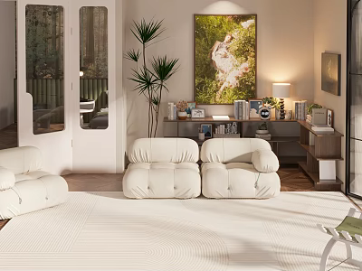 Modern Living Room Interior With White Sofas Rug Potted Plant And Wall Painting 3d model