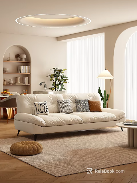 White Sofa And Coffee Table Set With Throw Pillows Green Plants And Floor Lamp 3d model 