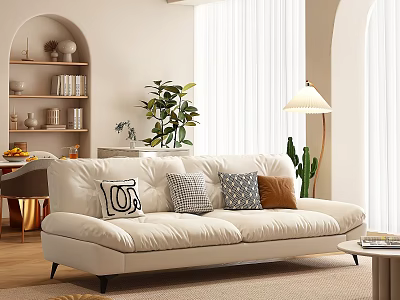 White Sofa And Coffee Table Set With Throw Pillows Green Plants And Floor Lamp 3d model