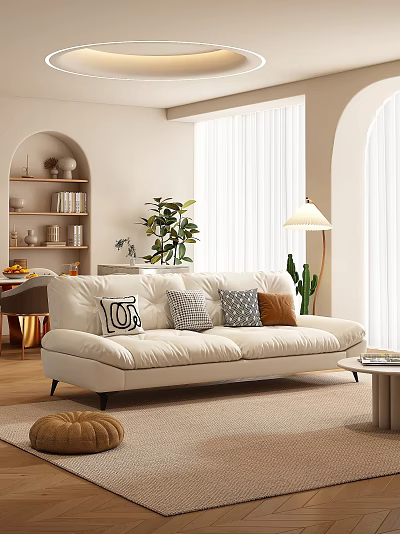 White Sofa And Coffee Table Set With Throw Pillows Green Plants And Floor Lamp 3d model