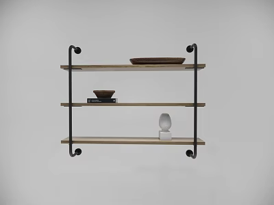 Three Tiered Wooden Shelf with Metal Brackets Holding Tray Bowl Book and White Decorative Object 3d model