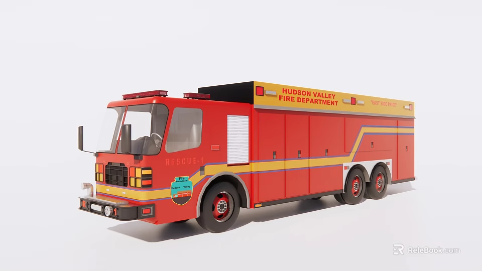 Red Houston Valley Fire Rescue Truck With Yellow Stripes And Emergency Equipment 3d model 
