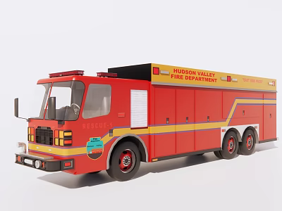 Red Houston Valley Fire Rescue Truck With Yellow Stripes And Emergency Equipment 3d model