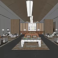 Modern Luxury Sales Office Lobby With Chandeliers Sofas Marble Floor And Wooden Walls
