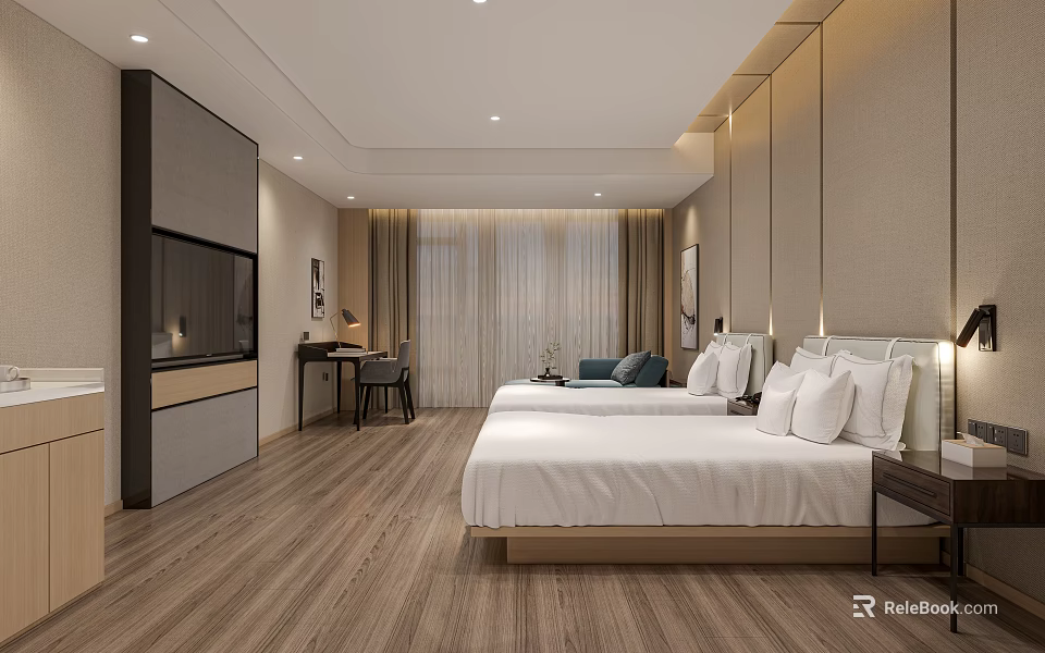 Hotel Guest Room Modern Interior With Twin Beds Wooden Flooring Window And Wall Mounted TV 3d model 
