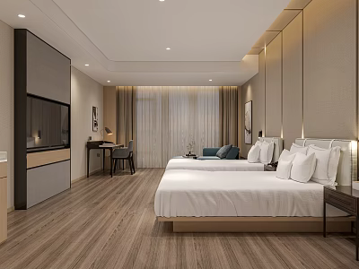 Hotel Guest Room Modern Interior With Twin Beds Wooden Flooring Window And Wall Mounted TV 3d model