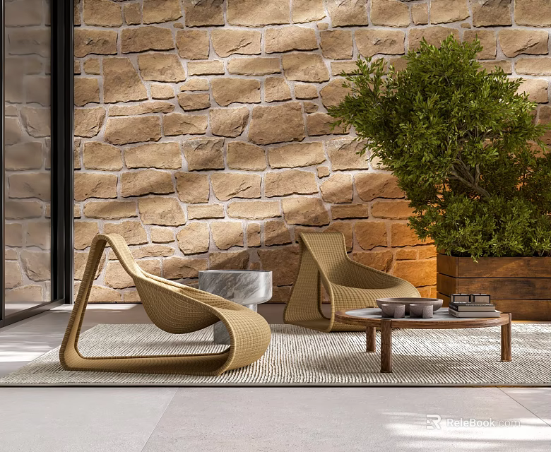 Woven Outdoor Chairs With Stone Wall Green Plant Small Table And Rug 3d model 