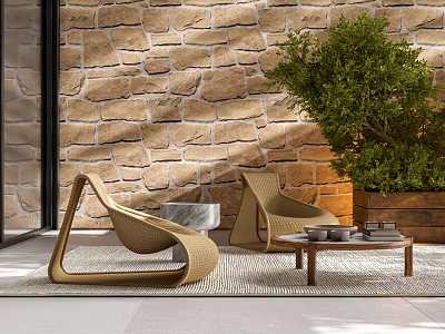 Woven Outdoor Chairs With Stone Wall Green Plant Small Table And Rug 3d model