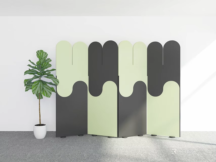 Minimalist Interior Room Divider With Black Light Green Wavy Panels And Stylish Indoor Potted Plant Decor 3d model 