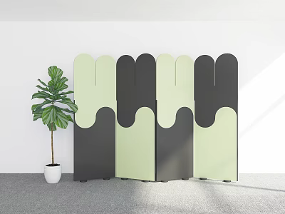 Minimalist Interior Room Divider With Black Light Green Wavy Panels And Stylish Indoor Potted Plant Decor 3d model