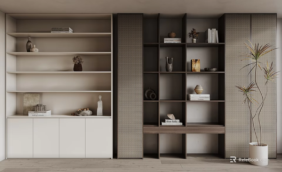 Modern Bookcase Interior Design With Multiple Shelves Decorative Vases Books And Lattice Panels 3d model 