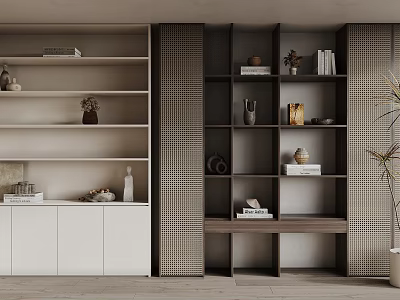 Modern Bookcase Interior Design With Multiple Shelves Decorative Vases Books And Lattice Panels 3d model