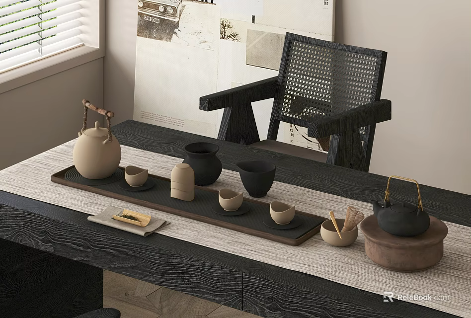 Natural Style Tea Set With Teapot Cups And Wooden Tray On Dark Table 3d model 