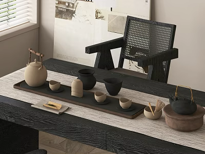 Natural Style Tea Set With Teapot Cups And Wooden Tray On Dark Table 3d model