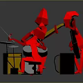 Red Cartoon Characters Performing Music With Guitars Drum And Black Speakers