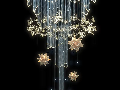 Illuminated Gold Star Shaped Decorations With Hanging Beaded Chains On Black Background 3d model