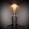 Decorative Ornament Set With Green Glowing Square Design And Triangular Light Shadow On Dark Pedestal