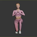 Woman In Pink Sportswear Doing Squat Exercise With White Sneakers On Gray Background
