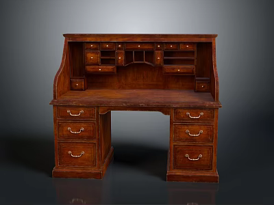 Elegant Traditional Wooden Desk With Multiple Drawers And Upper Storage Compartments 3d model