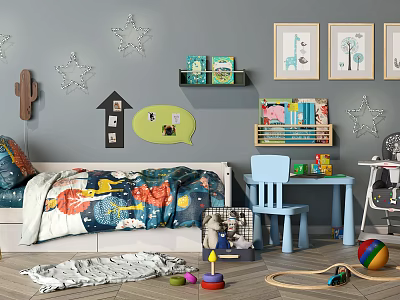 Playful Kids Bedroom With Colorful Quilted Children's Bed Star Decorations Books And Toys 3d model